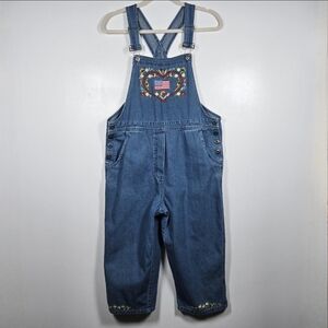 Vintage 90s Donna Ricco Floral Flag Embroidered Cropped Jean Overalls Medium